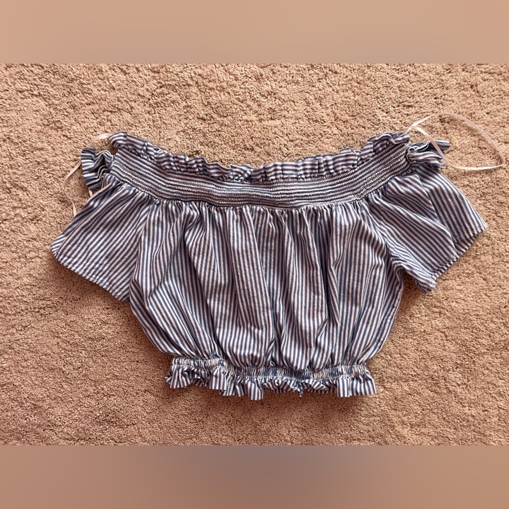 Blue and White Striped Off-Shoulder Crop Top
